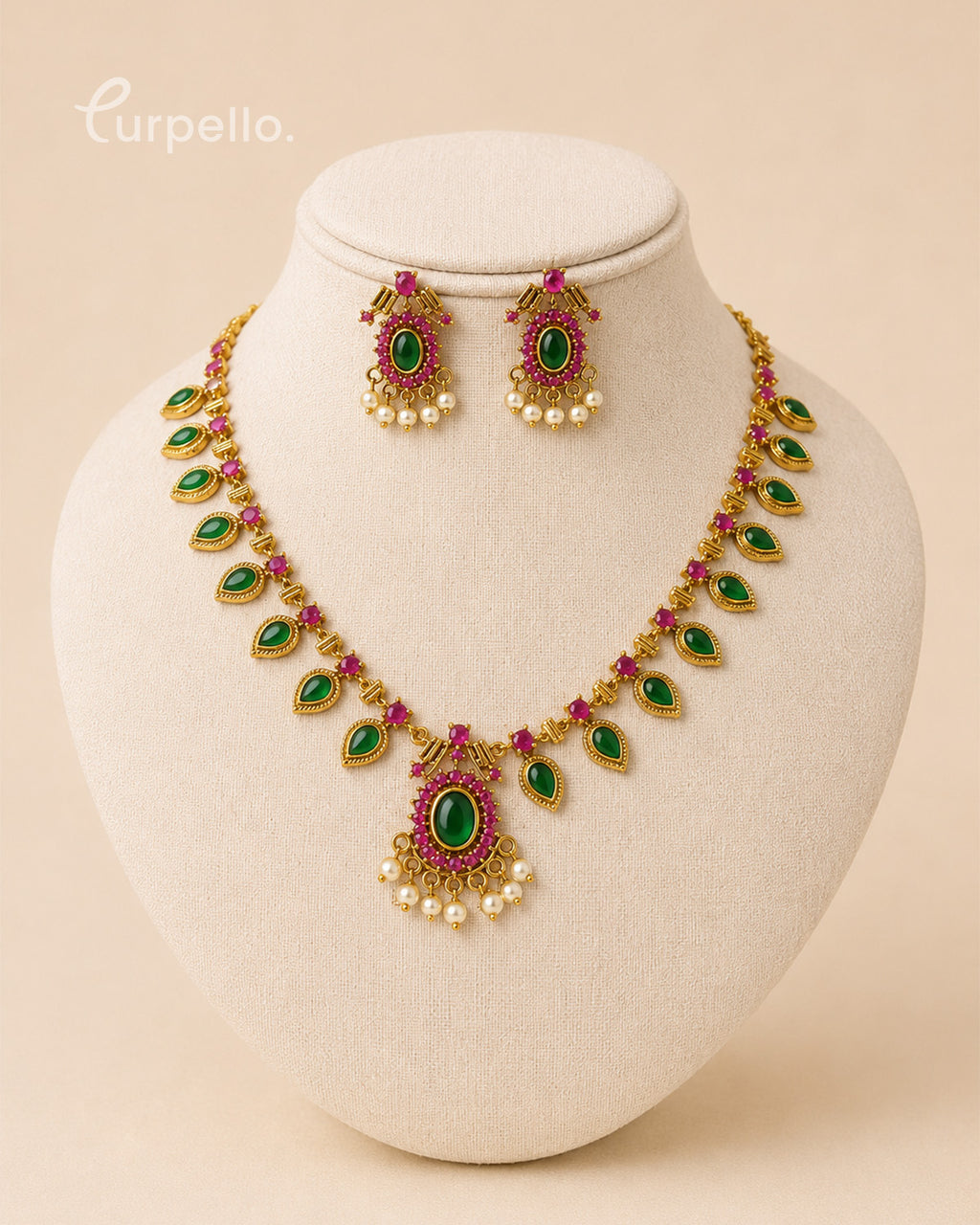 Traditional Emerald Green & Ruby Stone Necklace Set