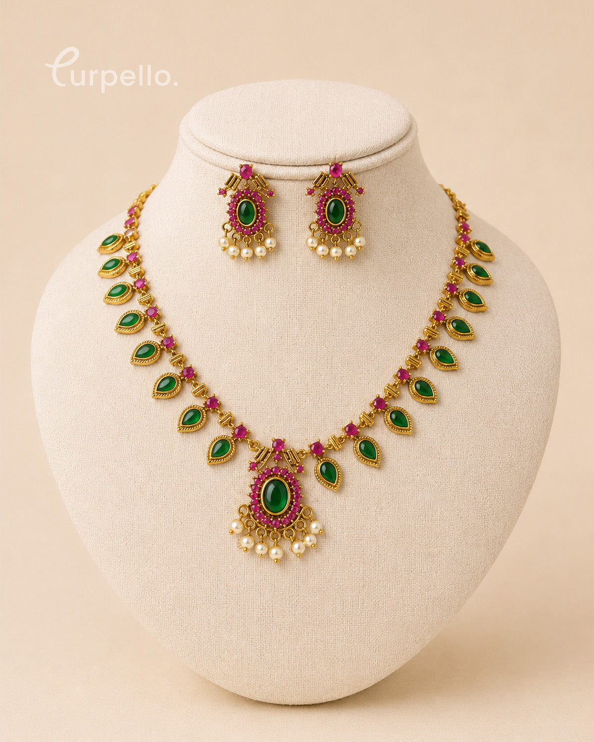 Traditional Emerald Green & Ruby Stone Necklace Set