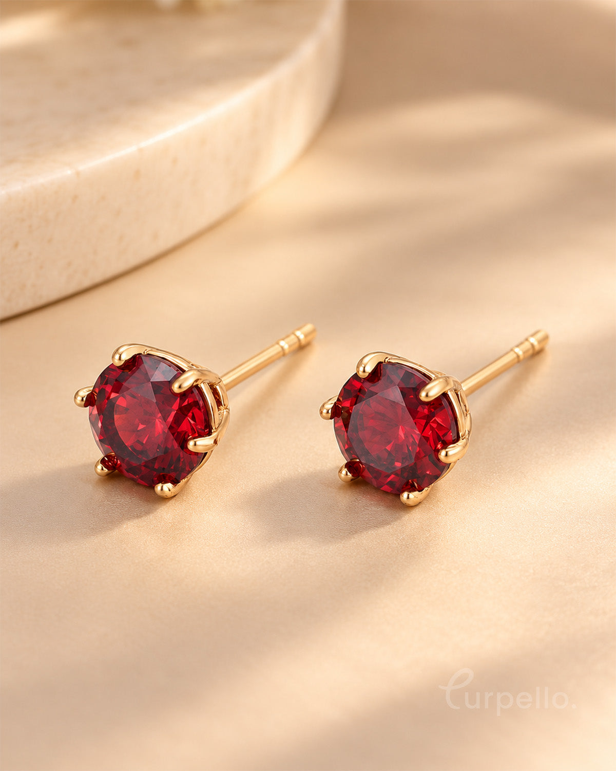 18K Gold-Plated Red Solitaire Stud Earrings
