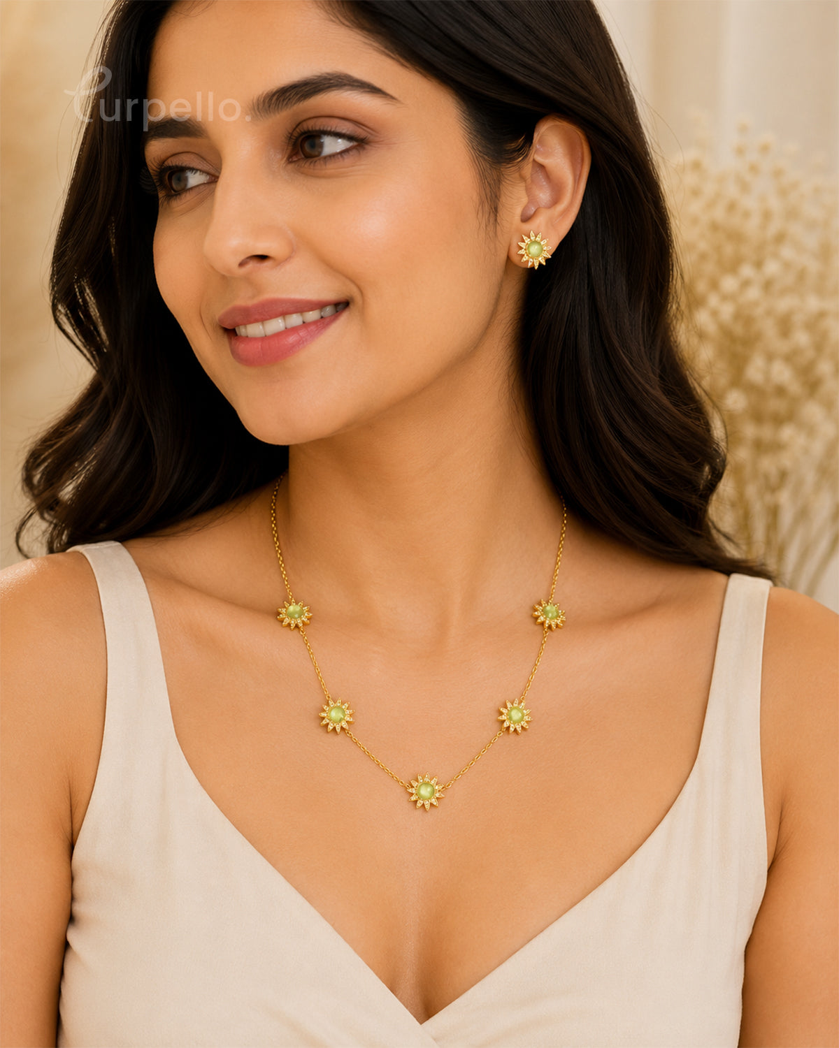 Purpello Sunflower Green Stone Necklace Set