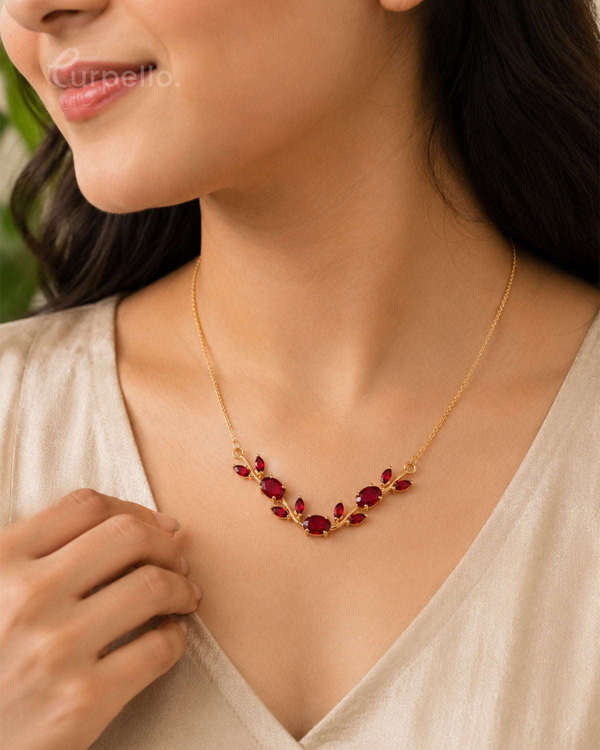 Purpello Ruby Red Leaf Necklace