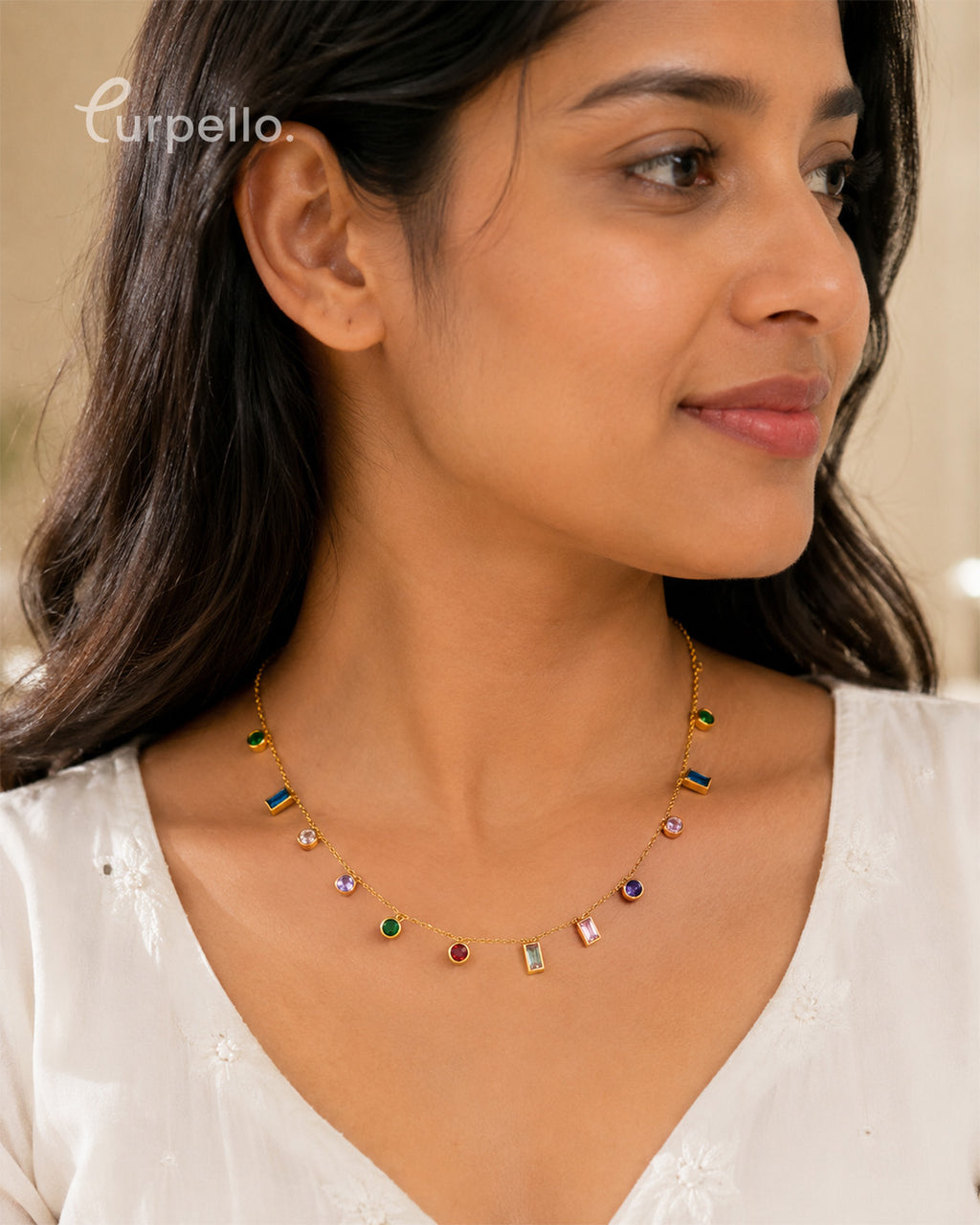Purpello Multicolor Gemstone Charm Gold-Tone Necklace