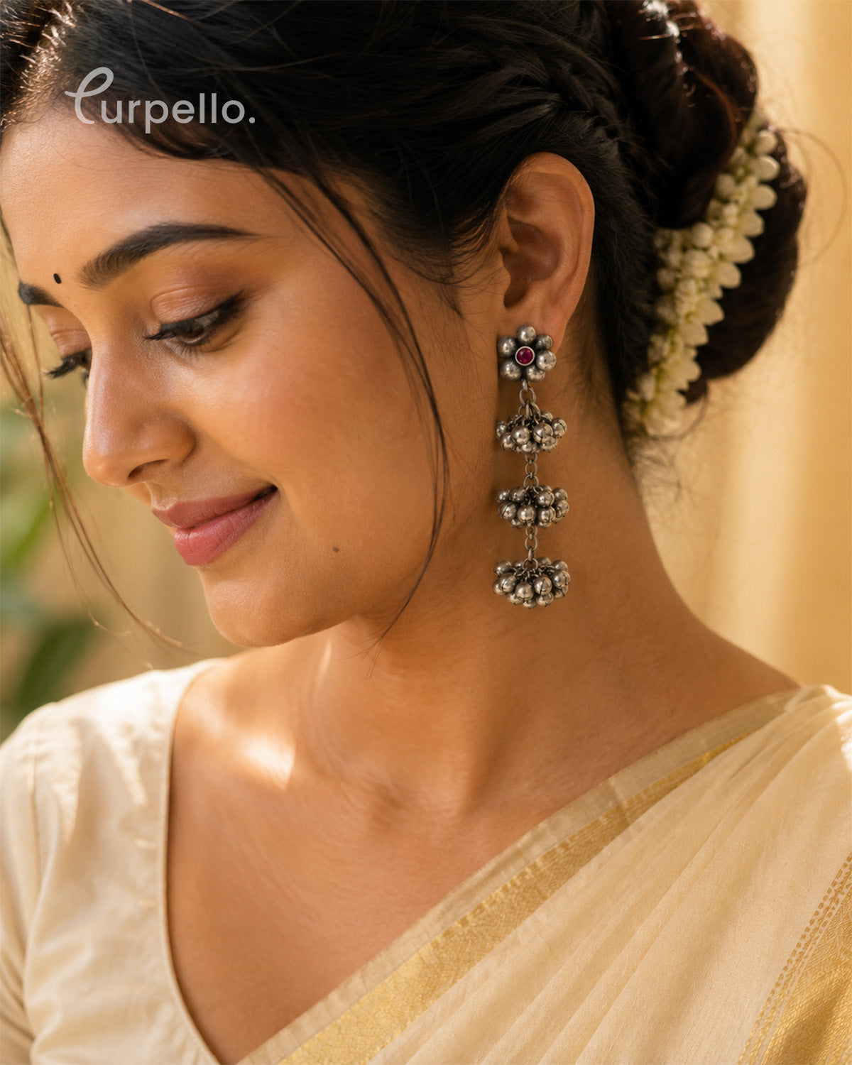 Oxidized Silver Three-Tier Ghungroo Earrings