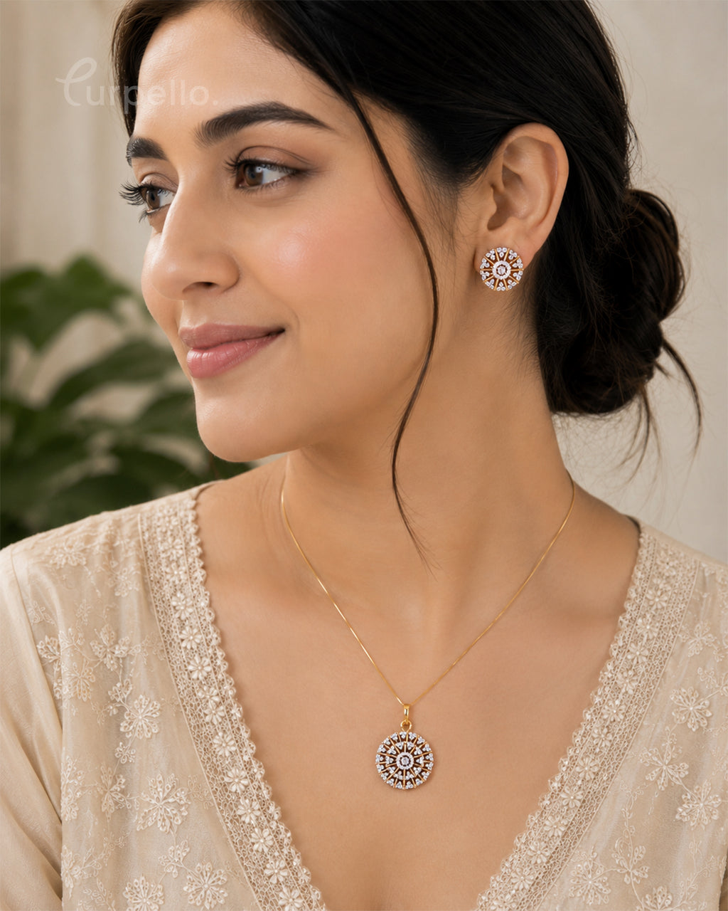 Purpello Radiant Sunburst Diamond Replica Pendant Set