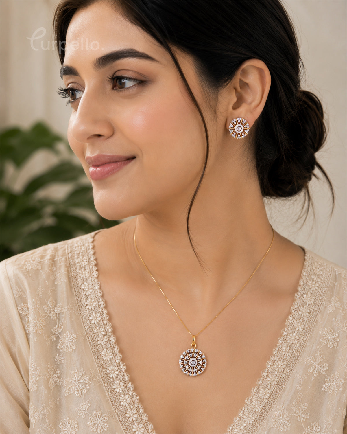 Purpello Radiant Sunburst Diamond Replica Pendant Set