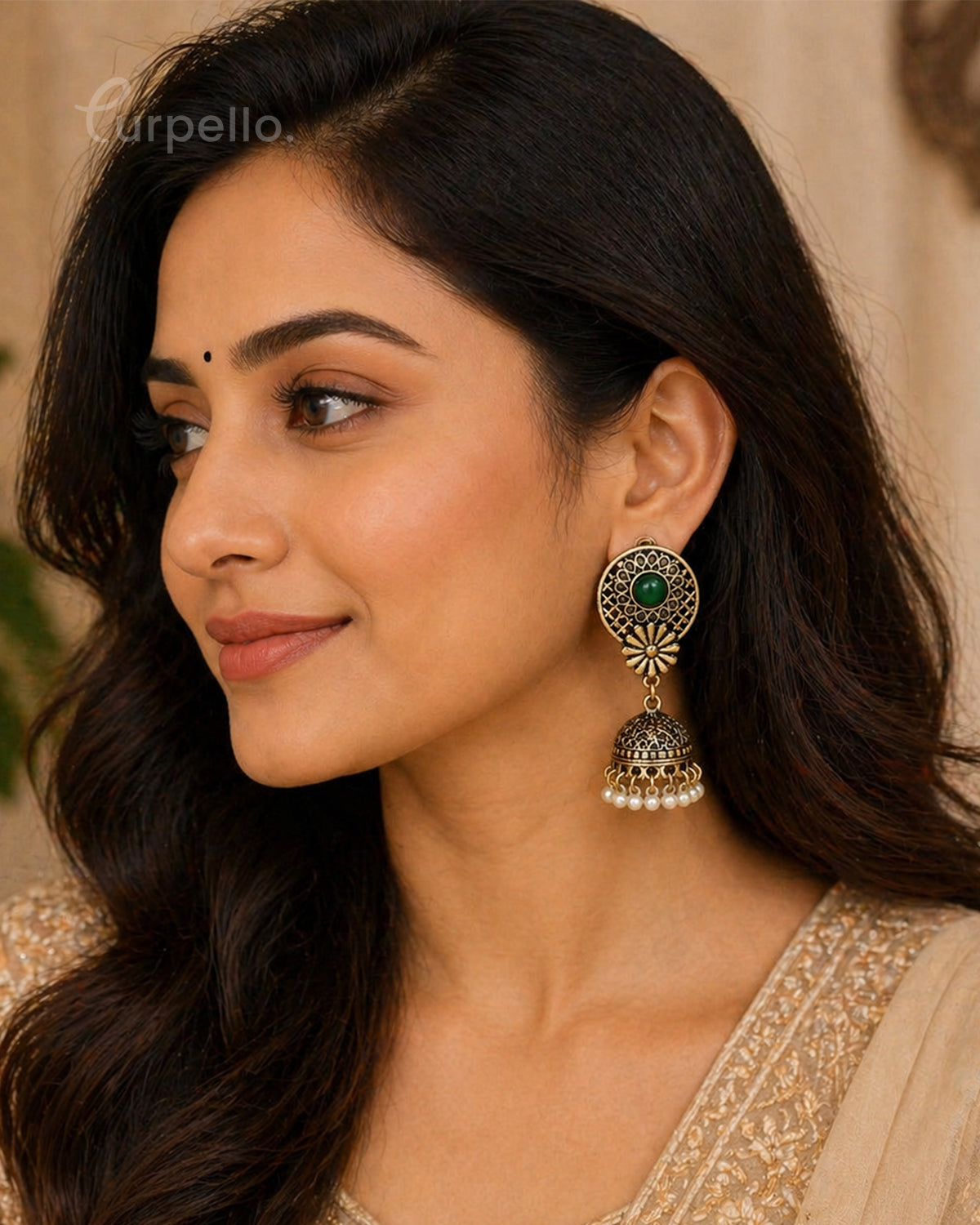 Purpello Antique Gold Jhumka Earrings with Green Stone & Pearl Drops