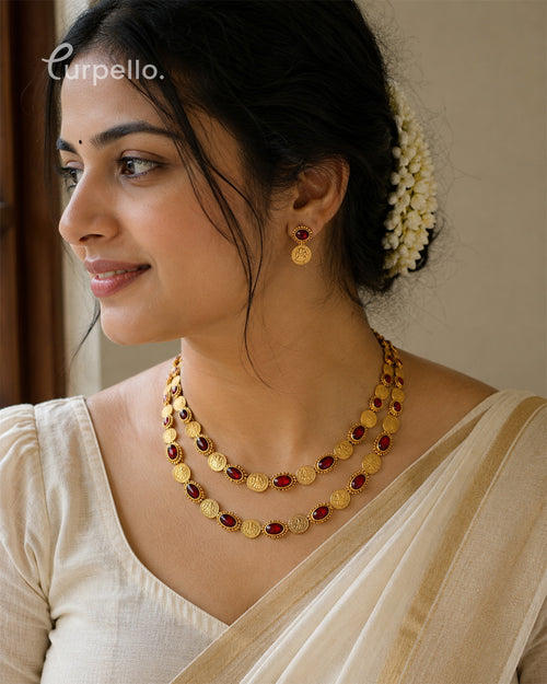 Antique Double Layer Coin Necklace Set with Ruby Stones