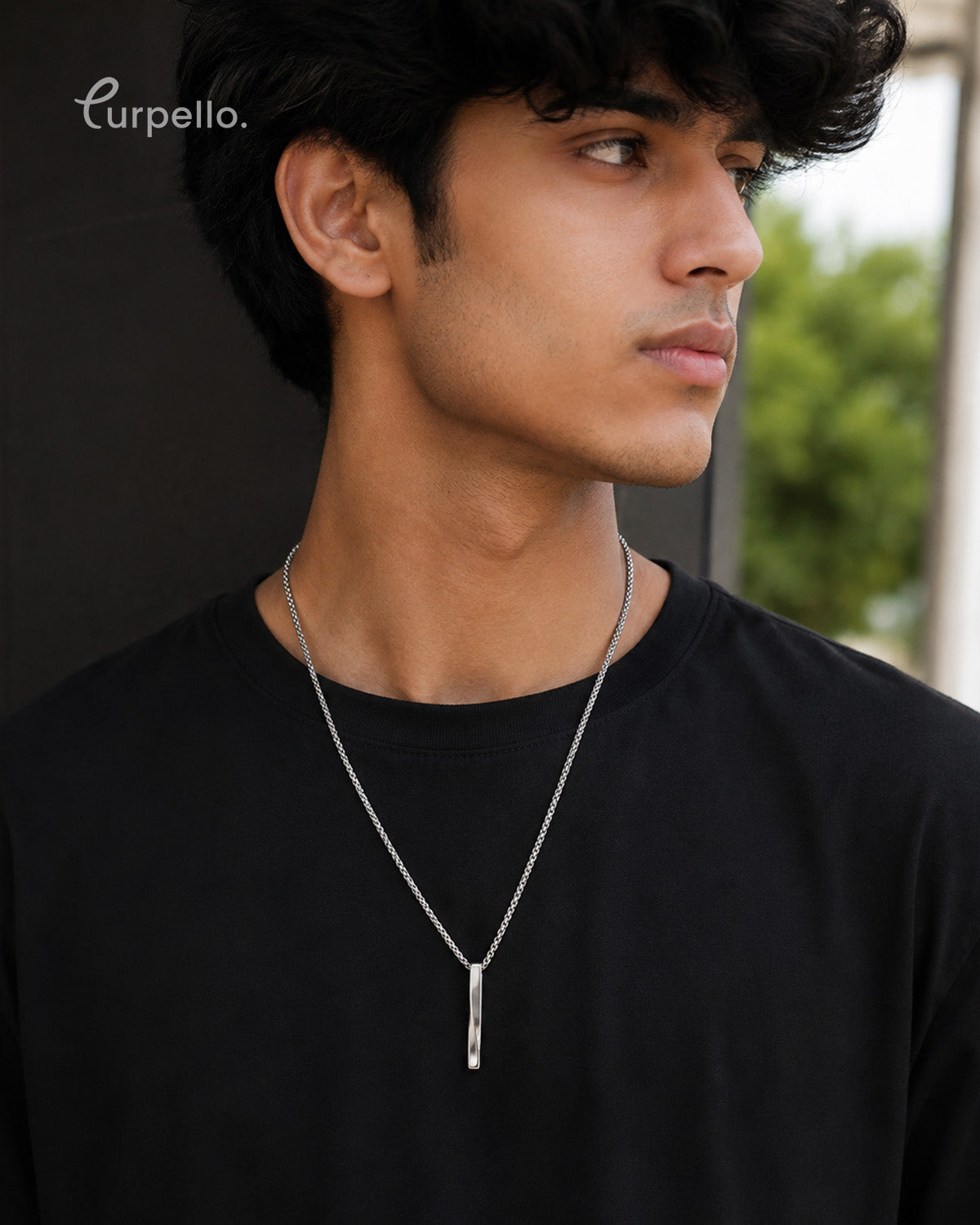Purpello Men's Anti-Tarnish Silver Bar Pendant Chain