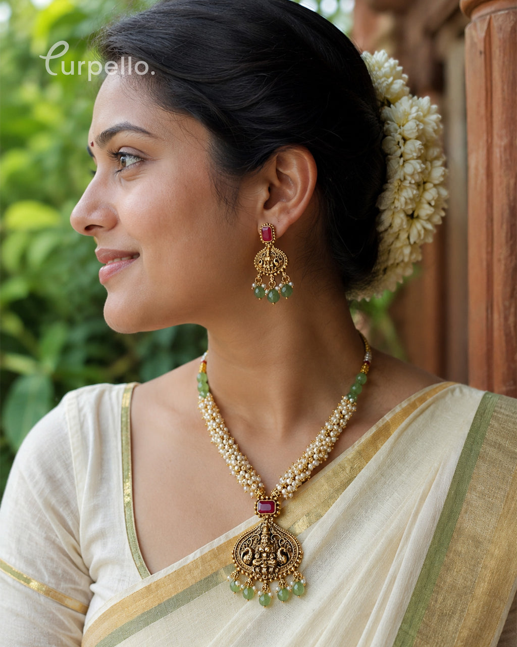 Traditional Temple Pearl Necklace Set with Lakshmi Pendant