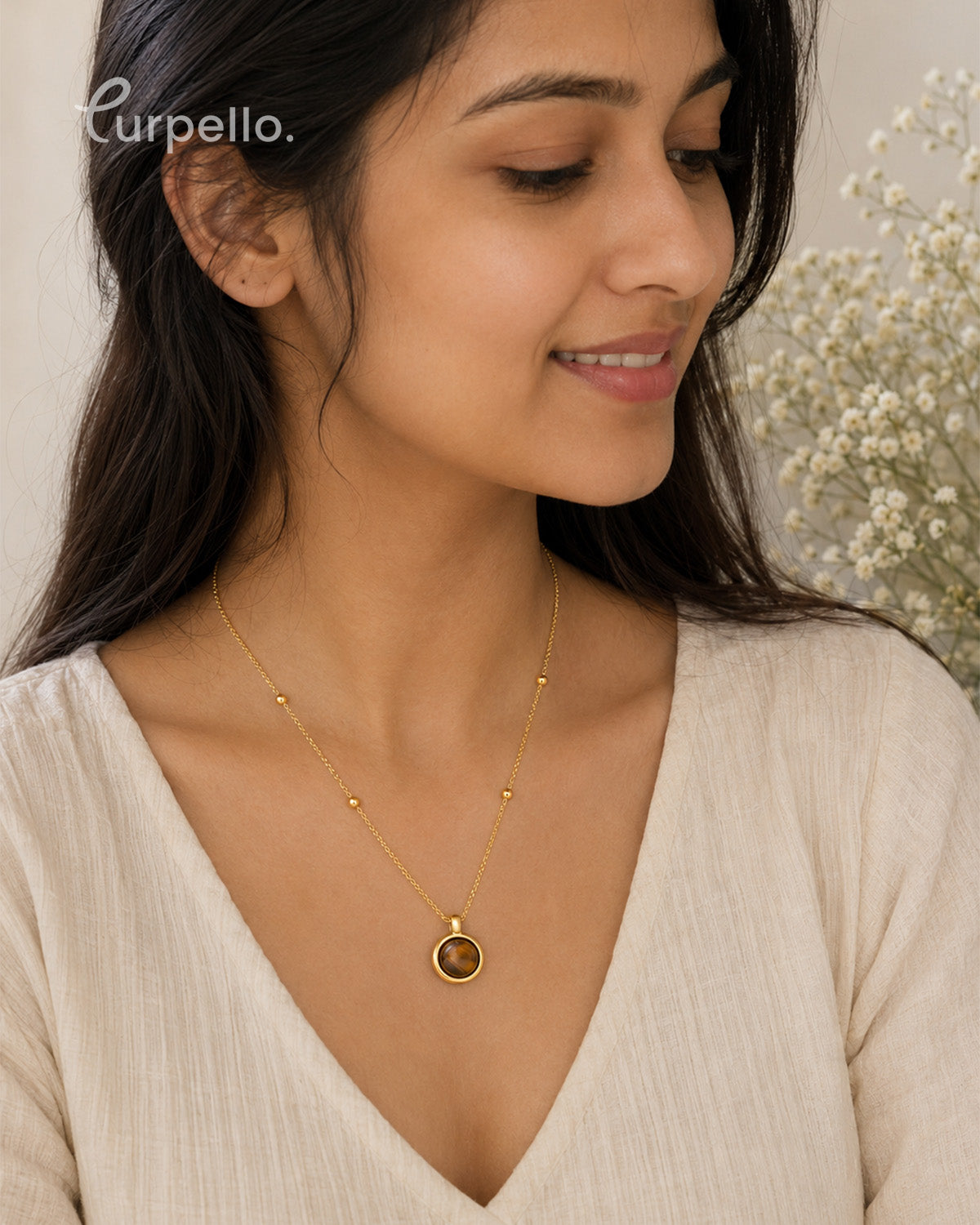 Purpello Tiger Eye Stone Gold Pendant Necklace