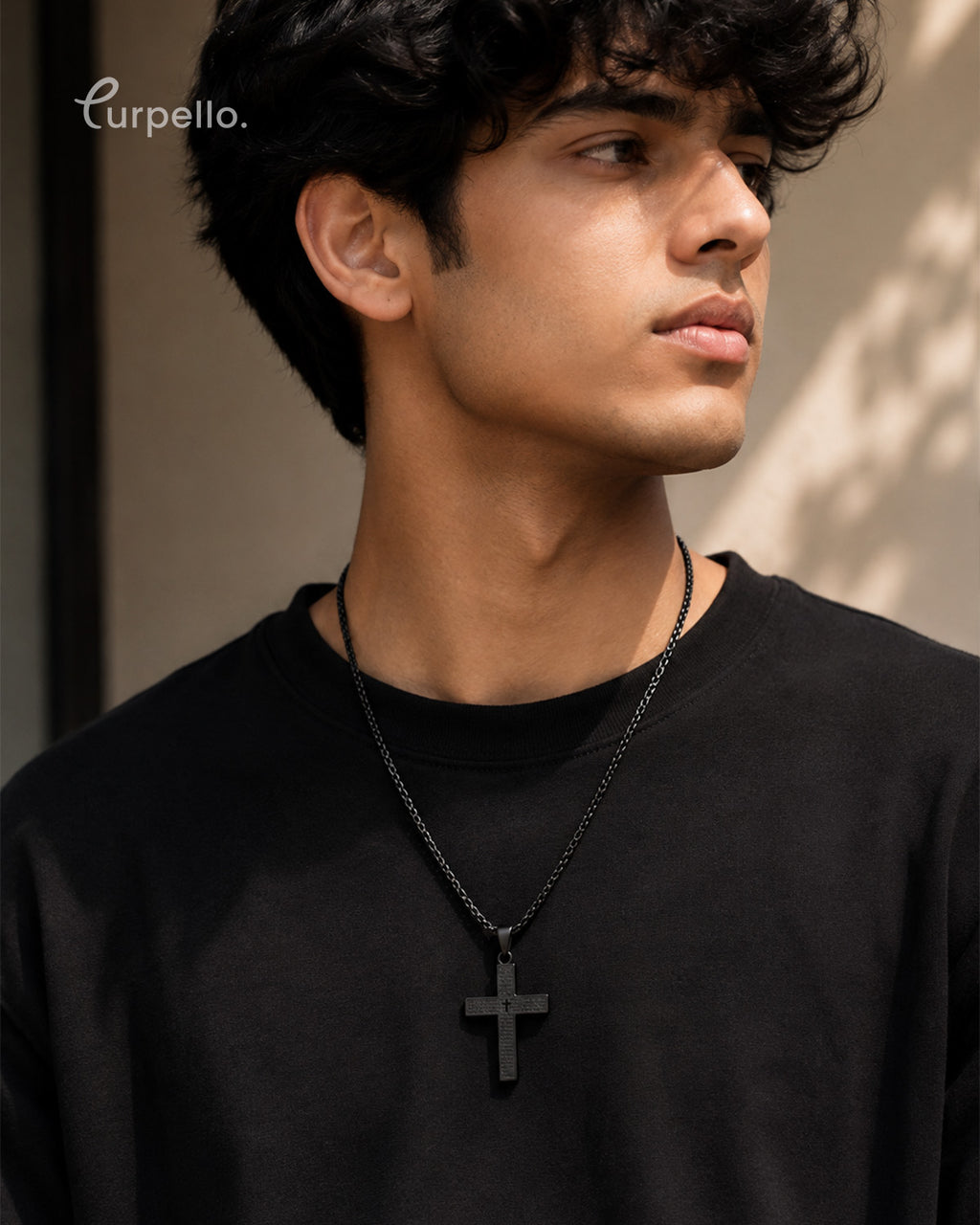 Purpello Men's Black Cross Pendant Necklace