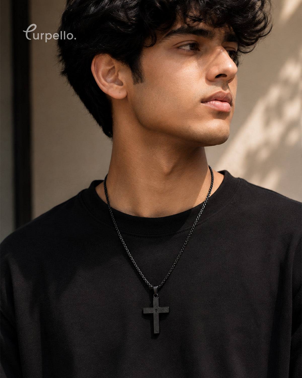 Purpello Men's Black Cross Pendant Necklace