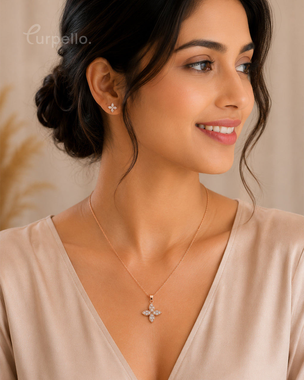 Purpello Floral Diamond Replica Pendant Set |