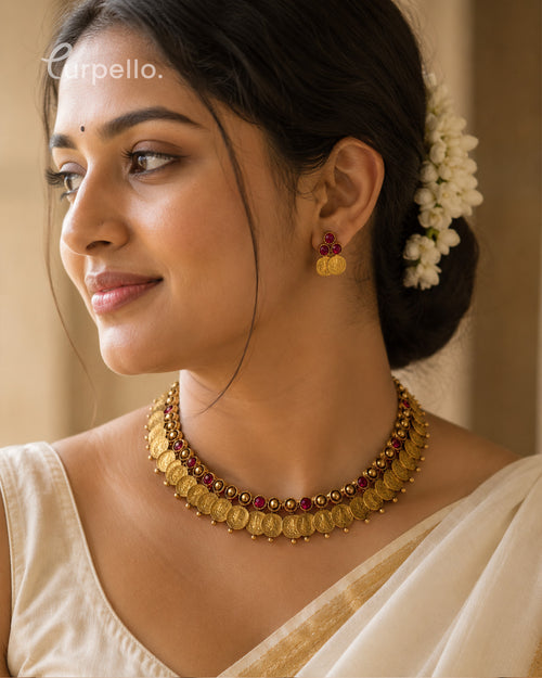 Antique Coin Temple Choker Set with Ruby Stones