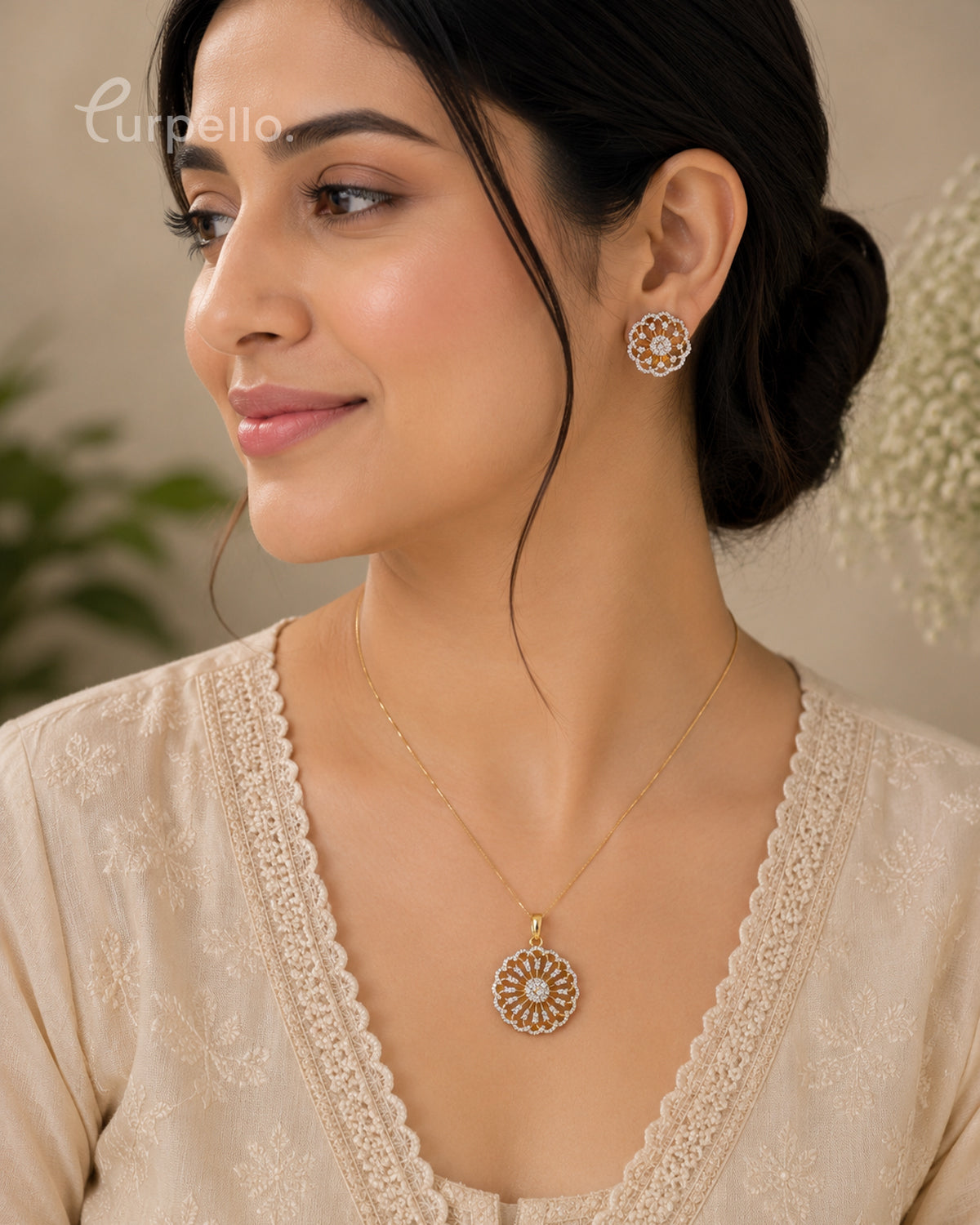 Purpello Floral Diamond Replica Pendant Set