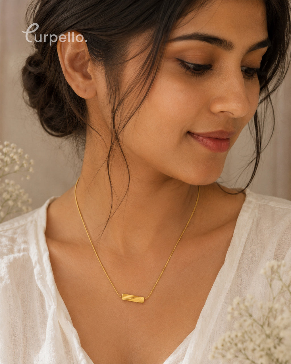 Twisted Bar Anti-Tarnish Gold Pendant Necklace