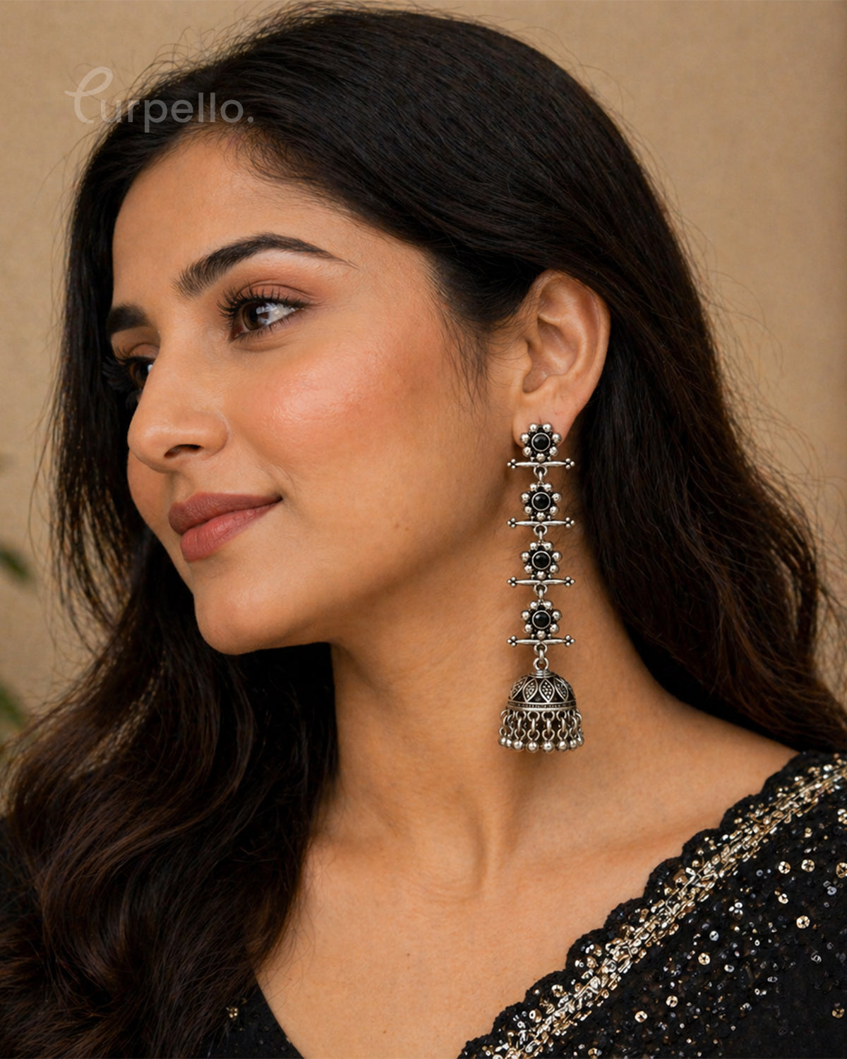 Purpello Floral Drop Oxidised Jhumka Earrings with Black Stone Accents