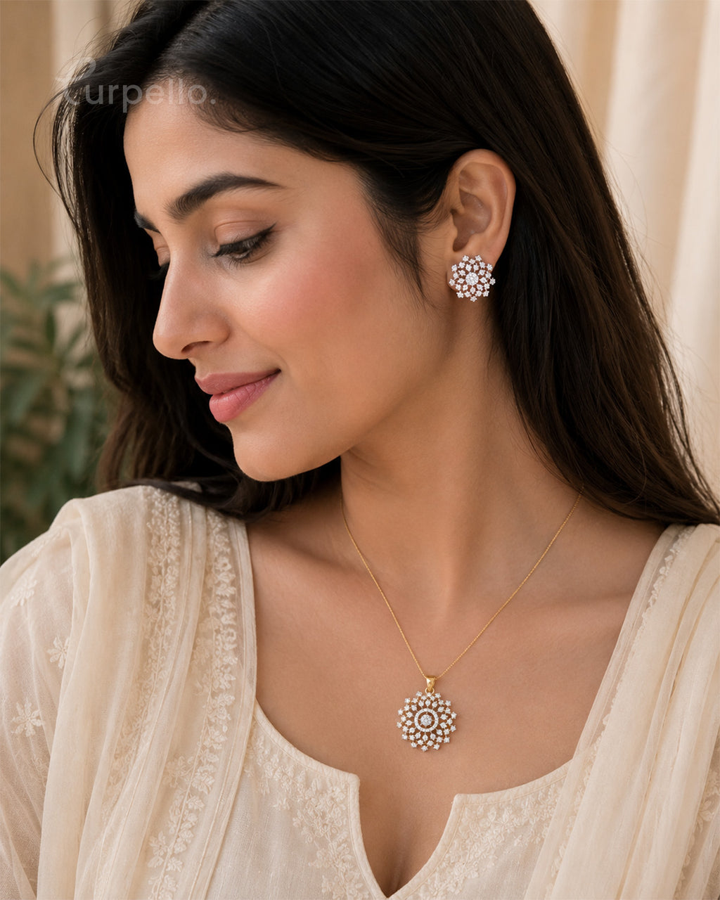 Purpello Diamond Replica Floral Pendant Set
