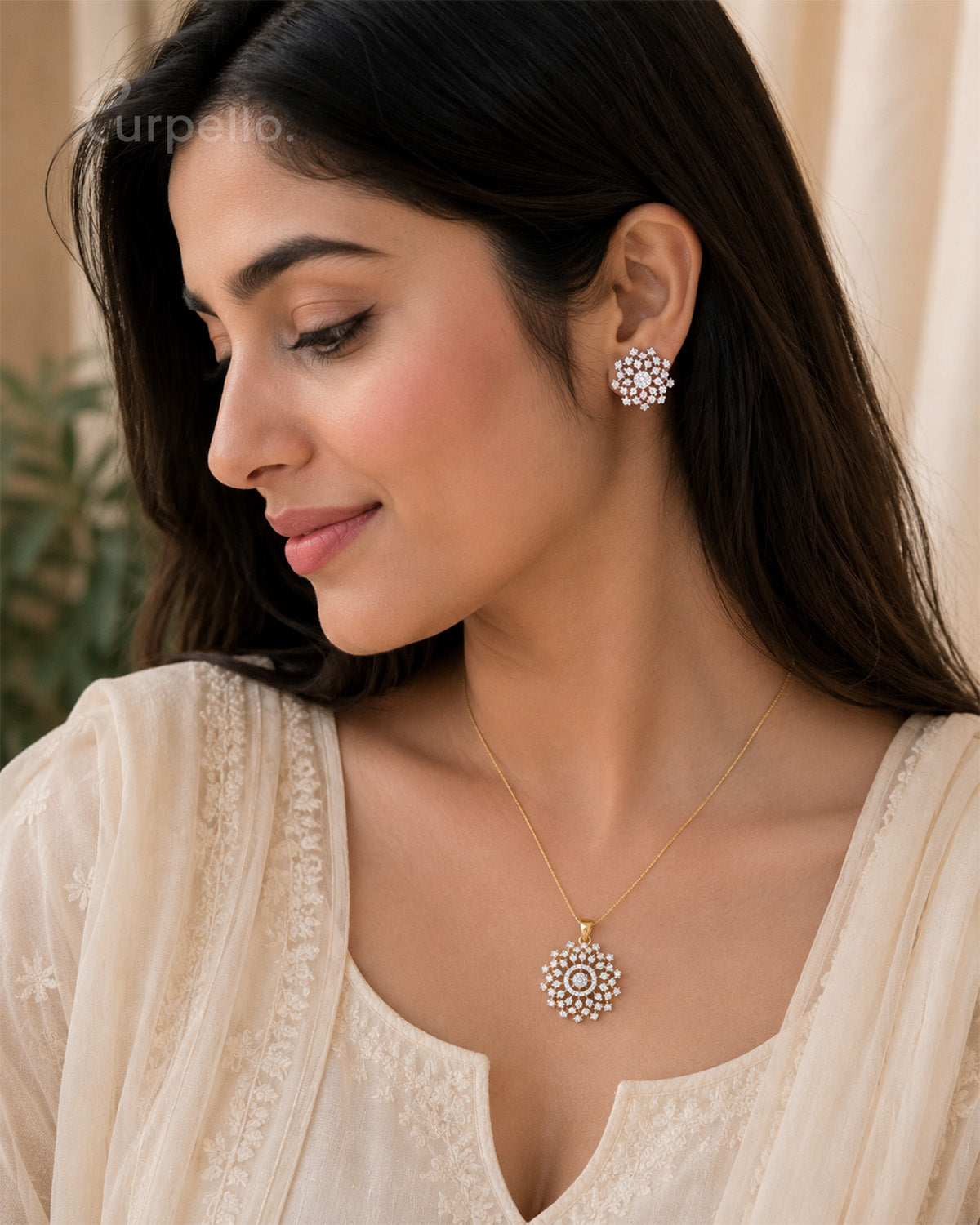 Purpello Diamond Replica Floral Pendant Set