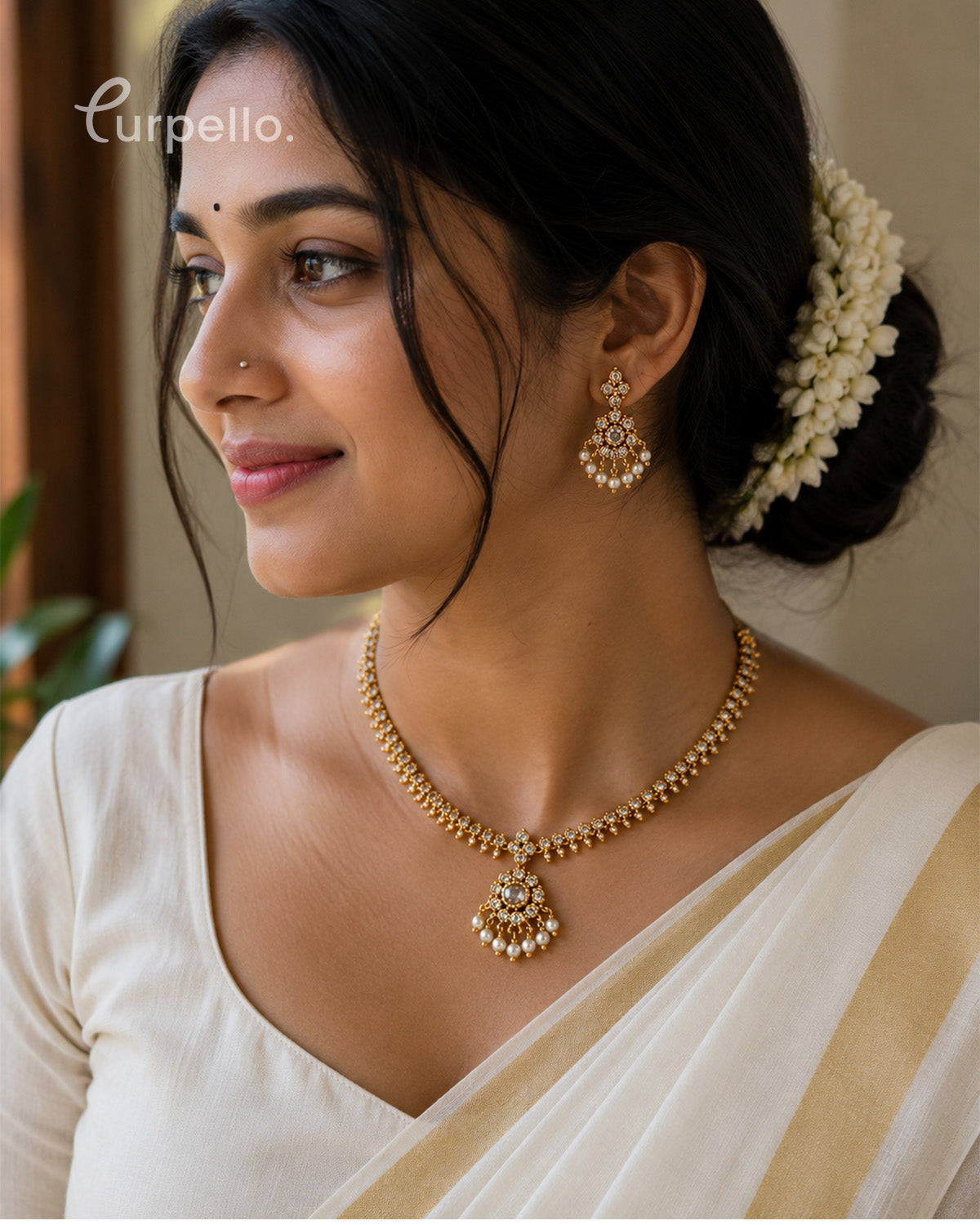 Purpello Antique Pearl Drop Pendant Necklace Set