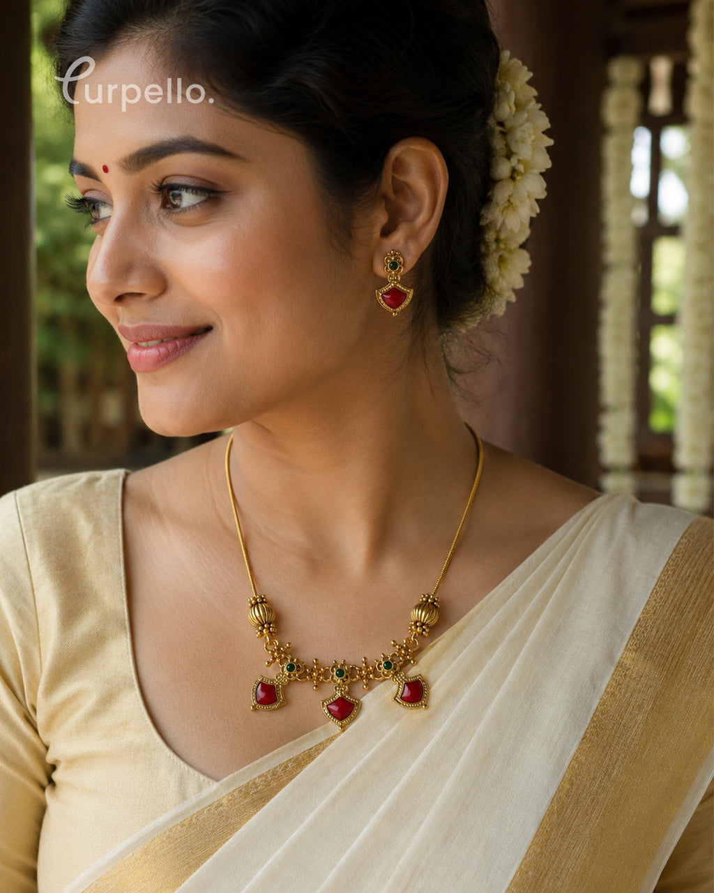 Purpello Antique Gold Necklace Set with Ruby Red