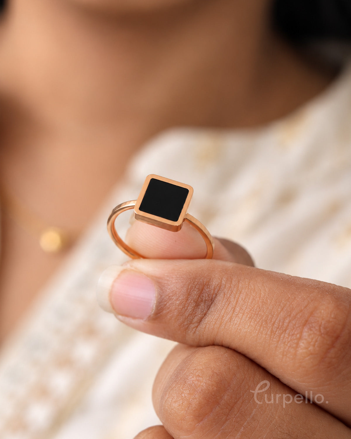 Purpello Minimal Square Black Stone Ring