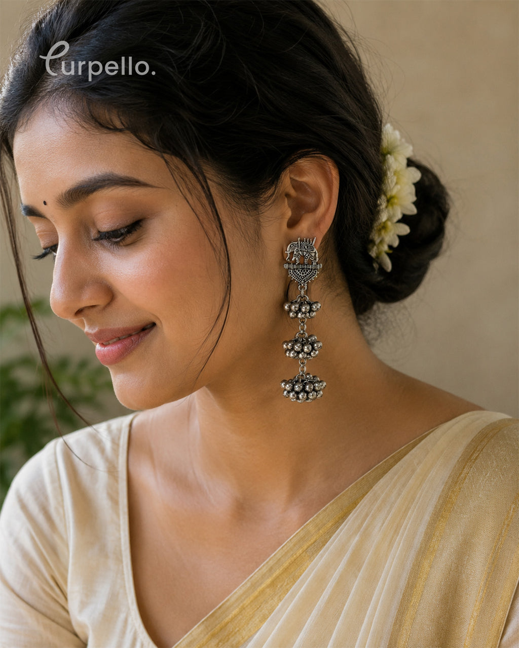Oxidized Silver Horse Motif Three-Tier Ghungroo Earrings
