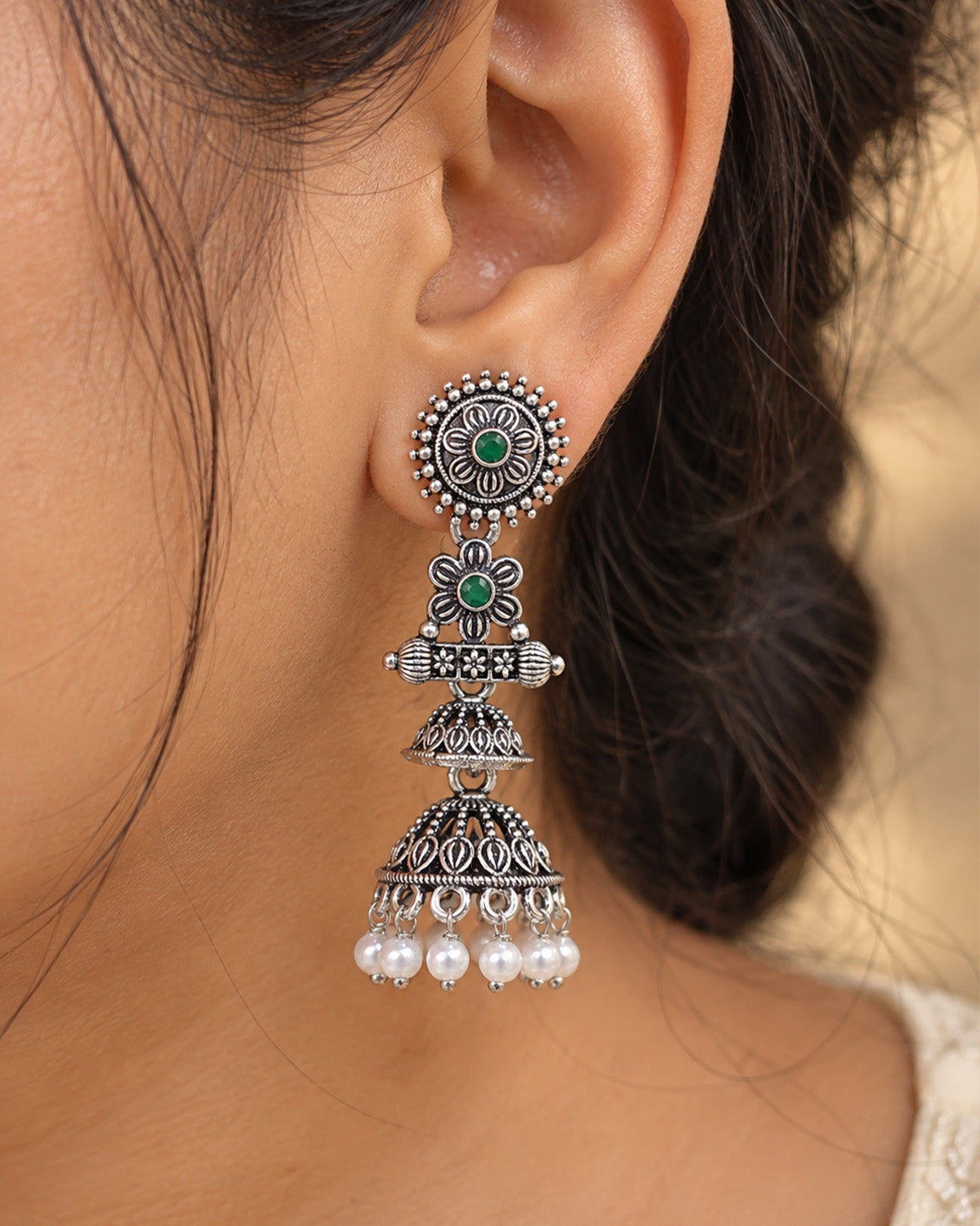 Oxidised Silver Double Jhumka Earrings