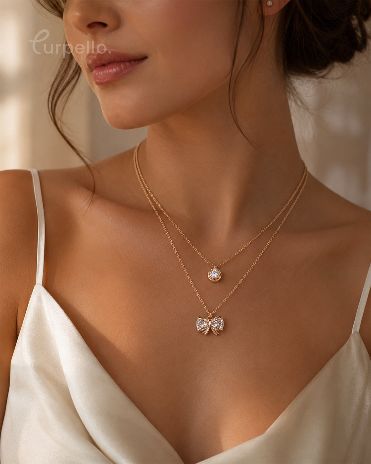 Rose Gold Double Layer Bow Pendant Necklace with Crystal Solitaire