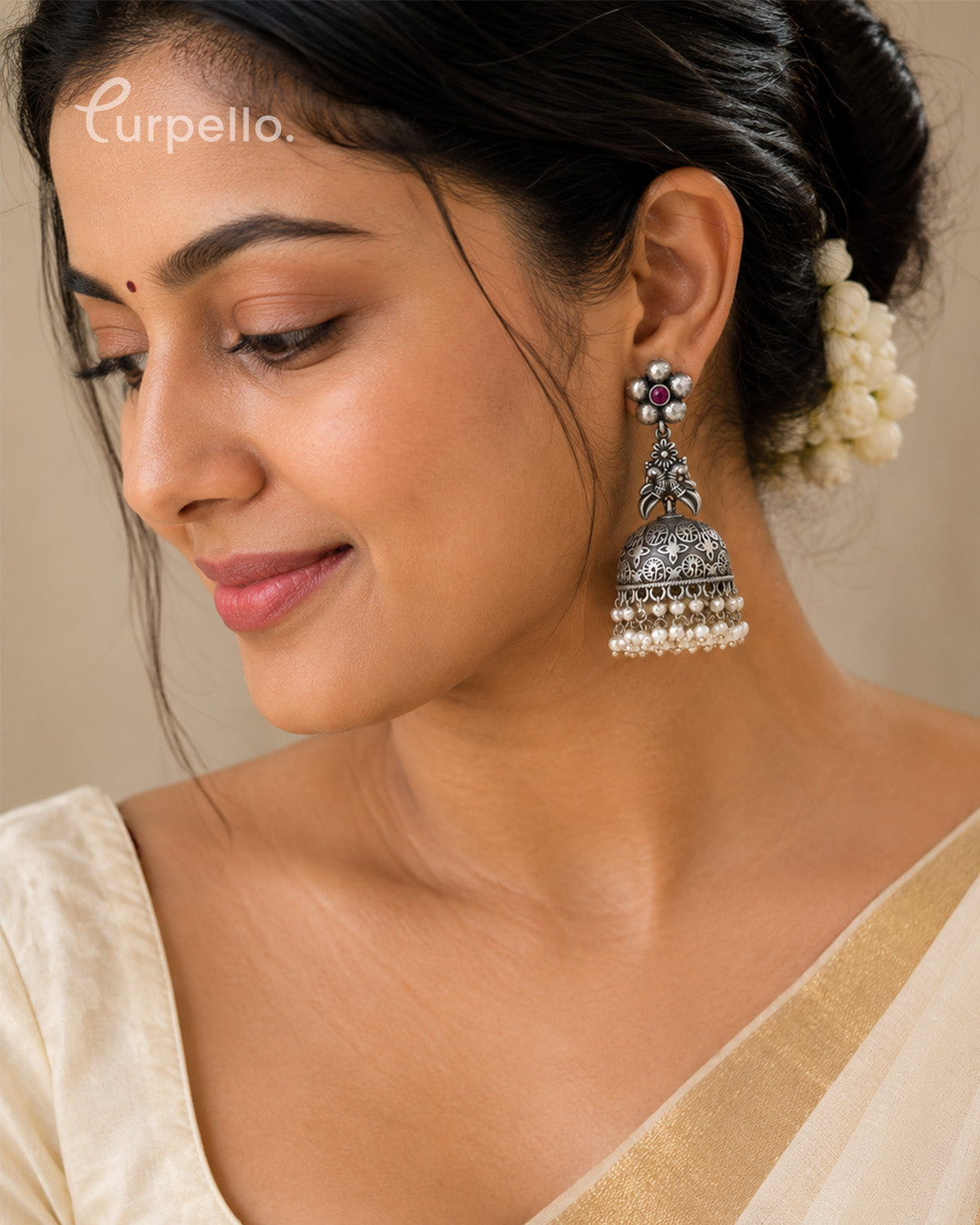Oxidized Silver Floral Jhumka Earrings with Pearl Drops