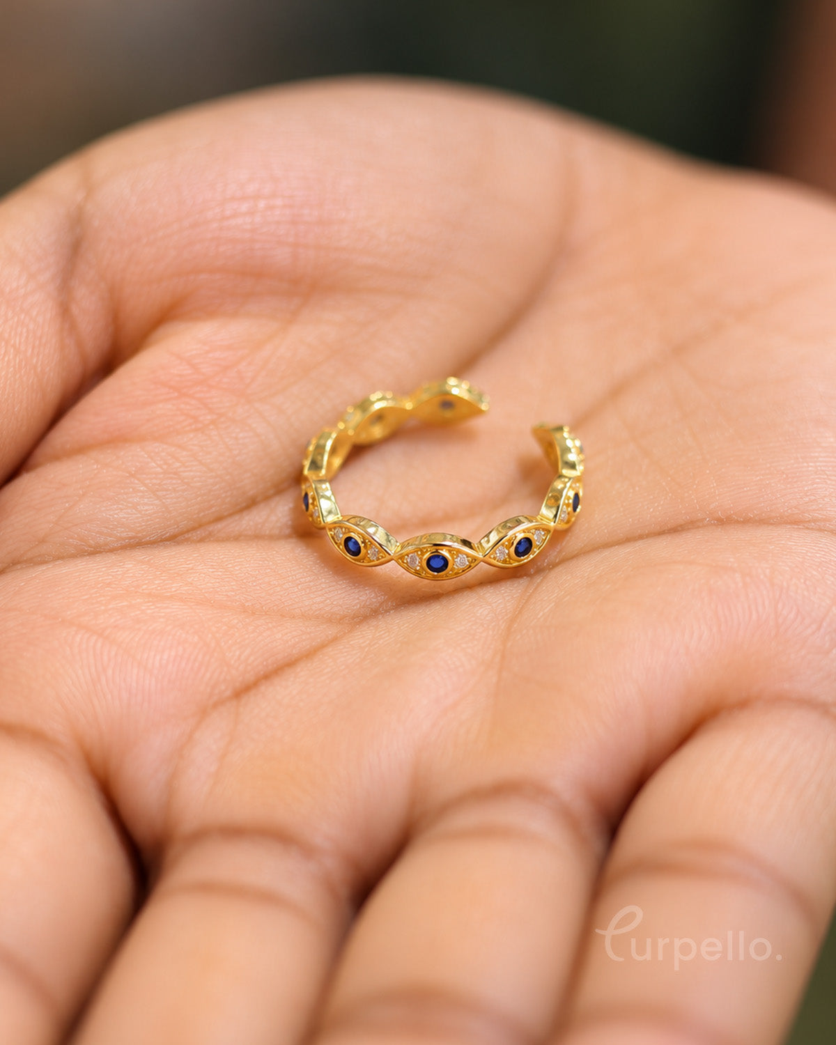Blue Evil Eye Gold Adjustable Ring