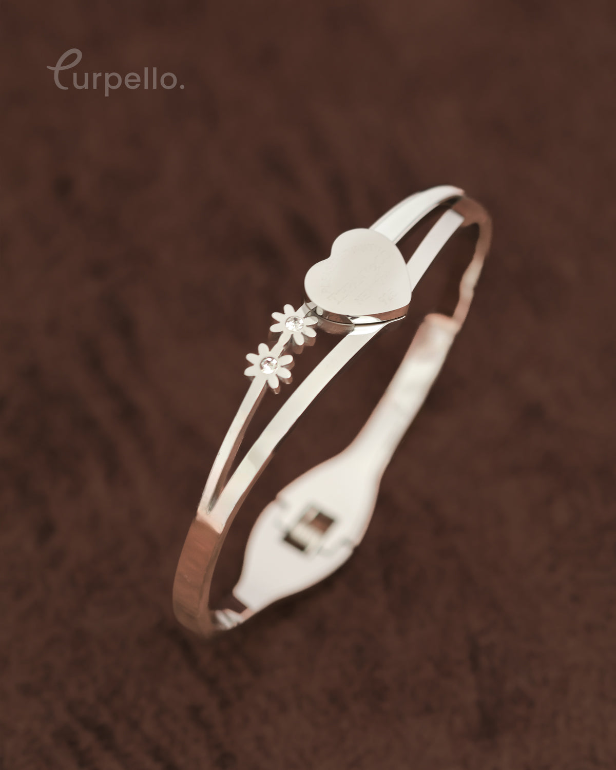 Purpello Silver Heart Charm Floral Bracelet