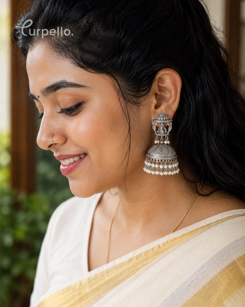 Oxidized Silver Temple Jhumka Earrings with Pearl Tassels