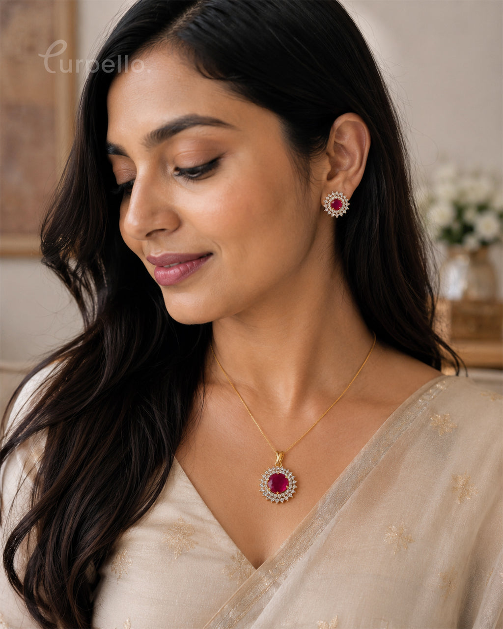 Purpello Ruby Bloom Diamond Replica Pendant Set