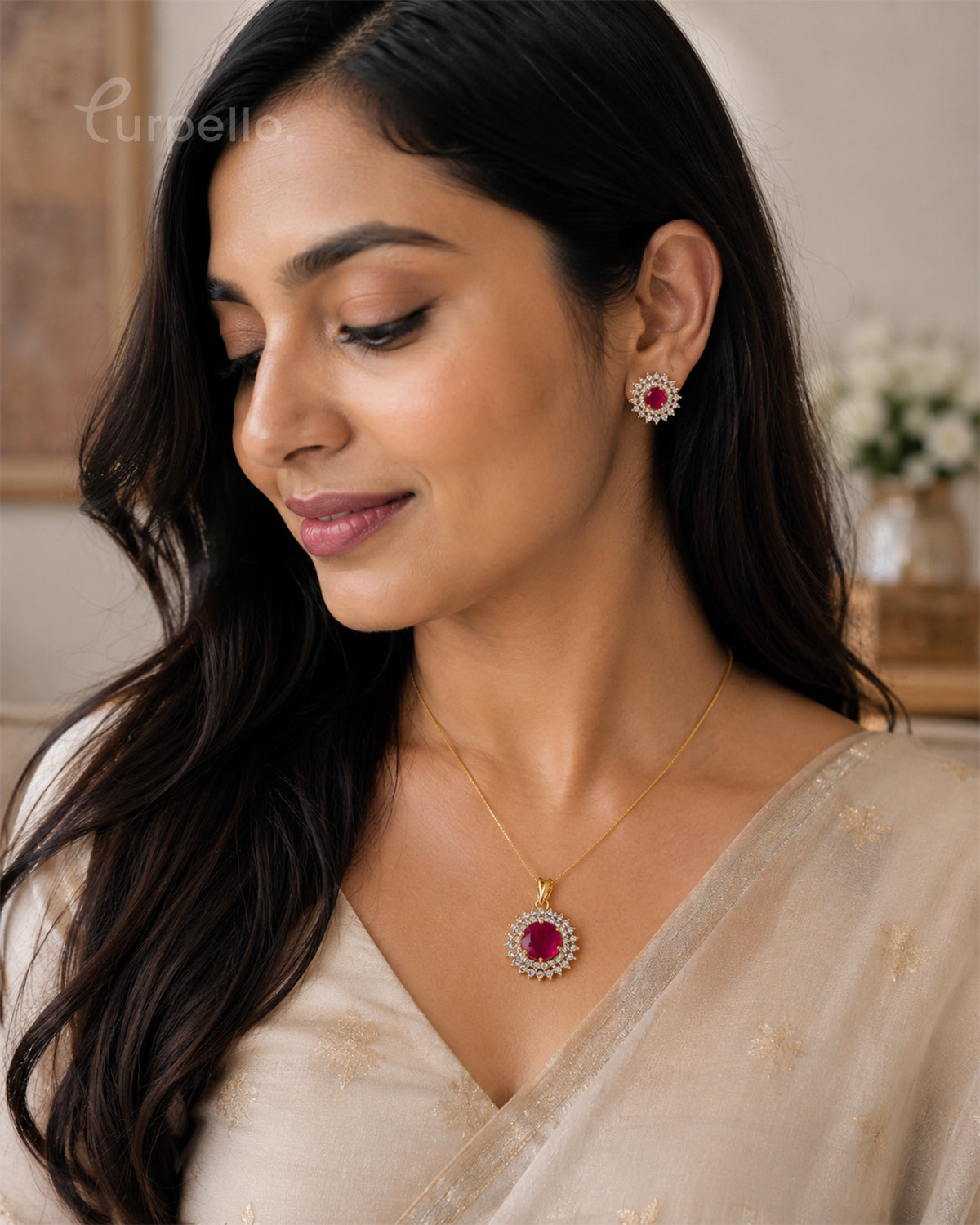 Purpello Ruby Bloom Diamond Replica Pendant Set