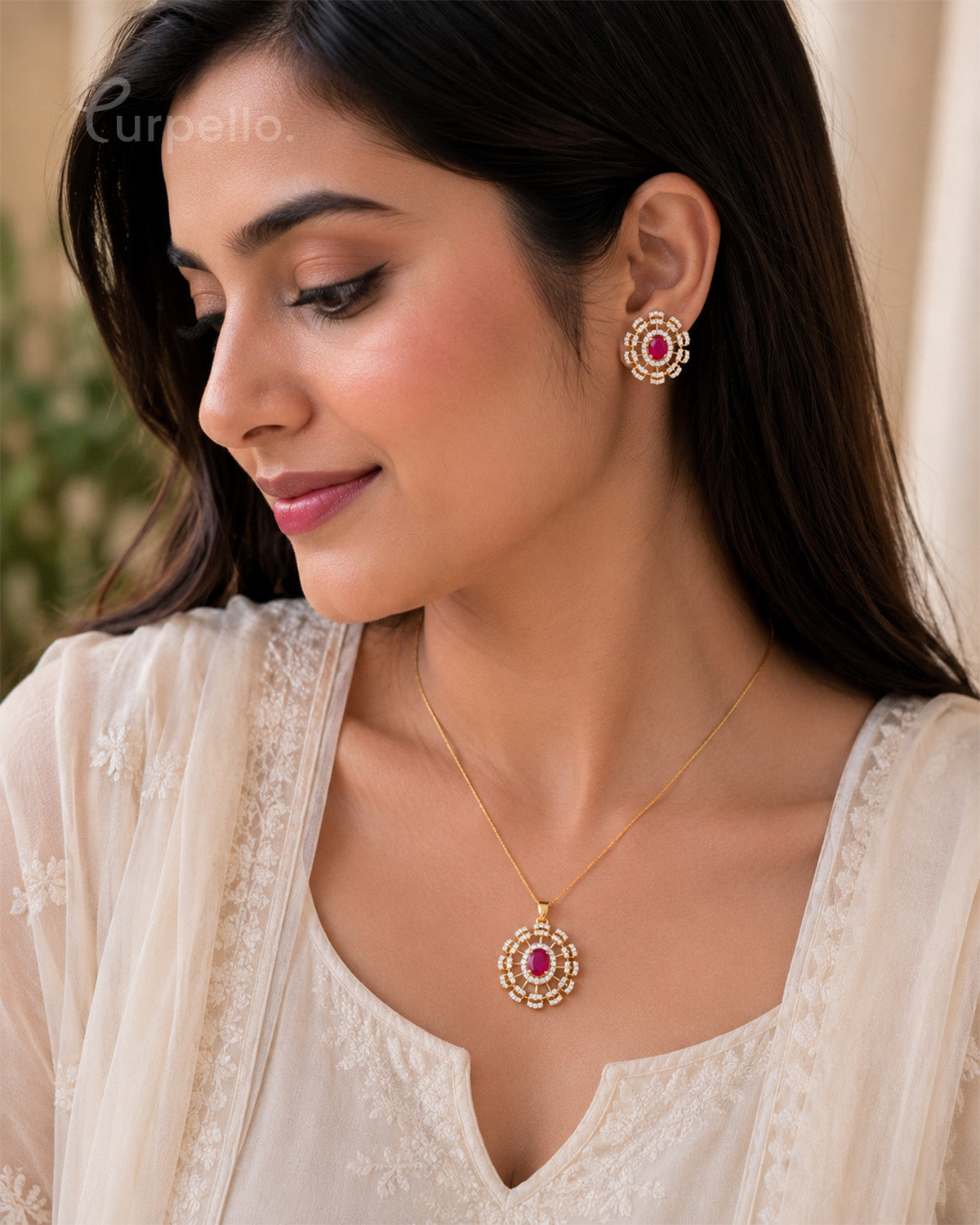 Purpello Ruby Red Diamond Replica Pendant Set