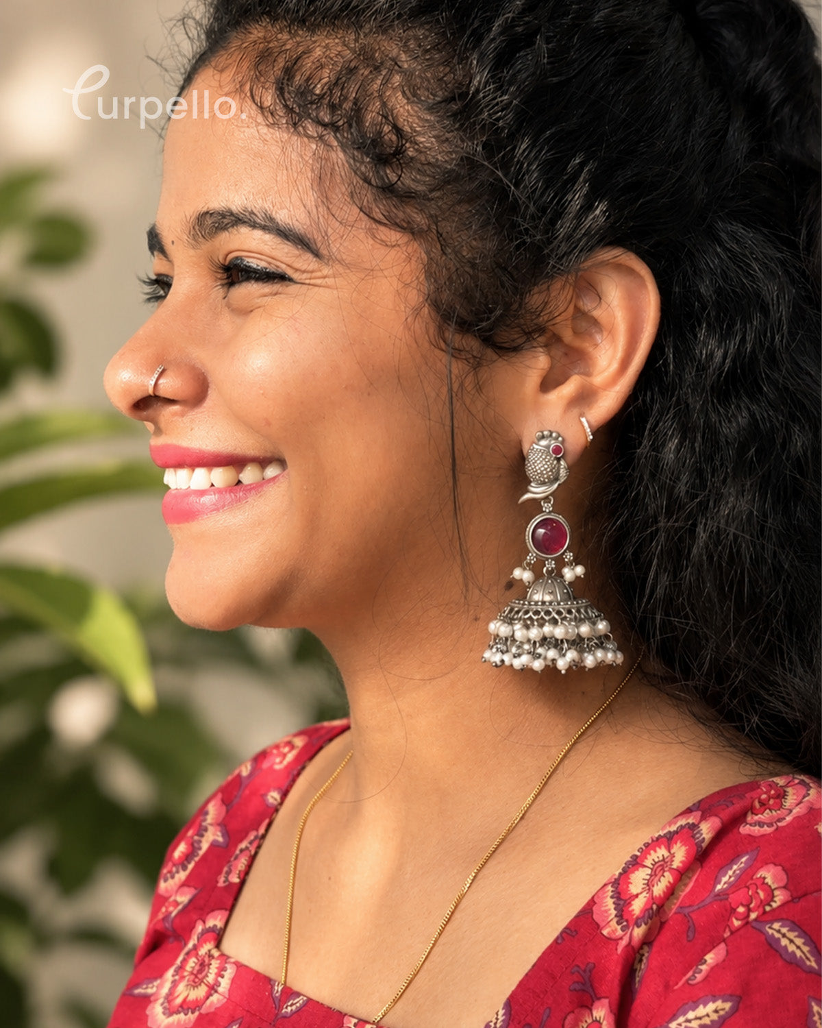 Oxidized Silver Peacock Jhumka Earrings with Ruby Stone