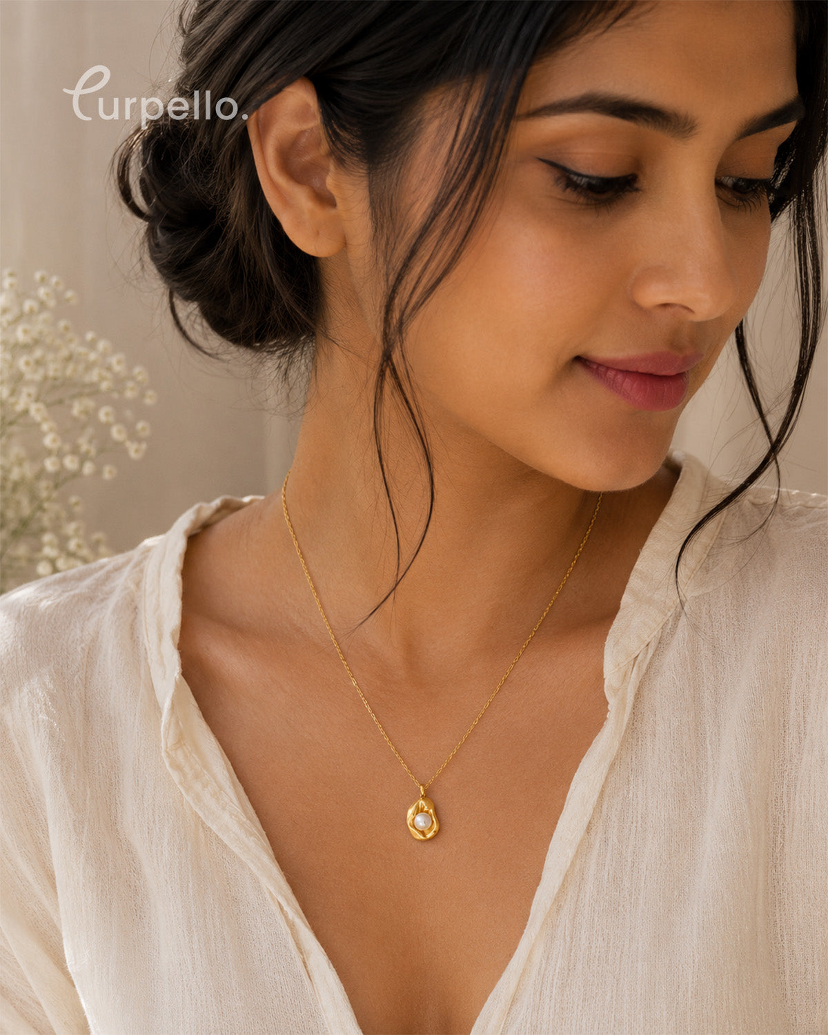 Organic Pearl Anti-Tarnish Gold Pendant Necklace