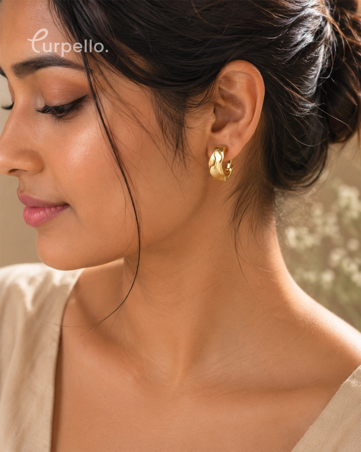 Purpello Sculpted Gold Wave Huggie Hoop Earrings