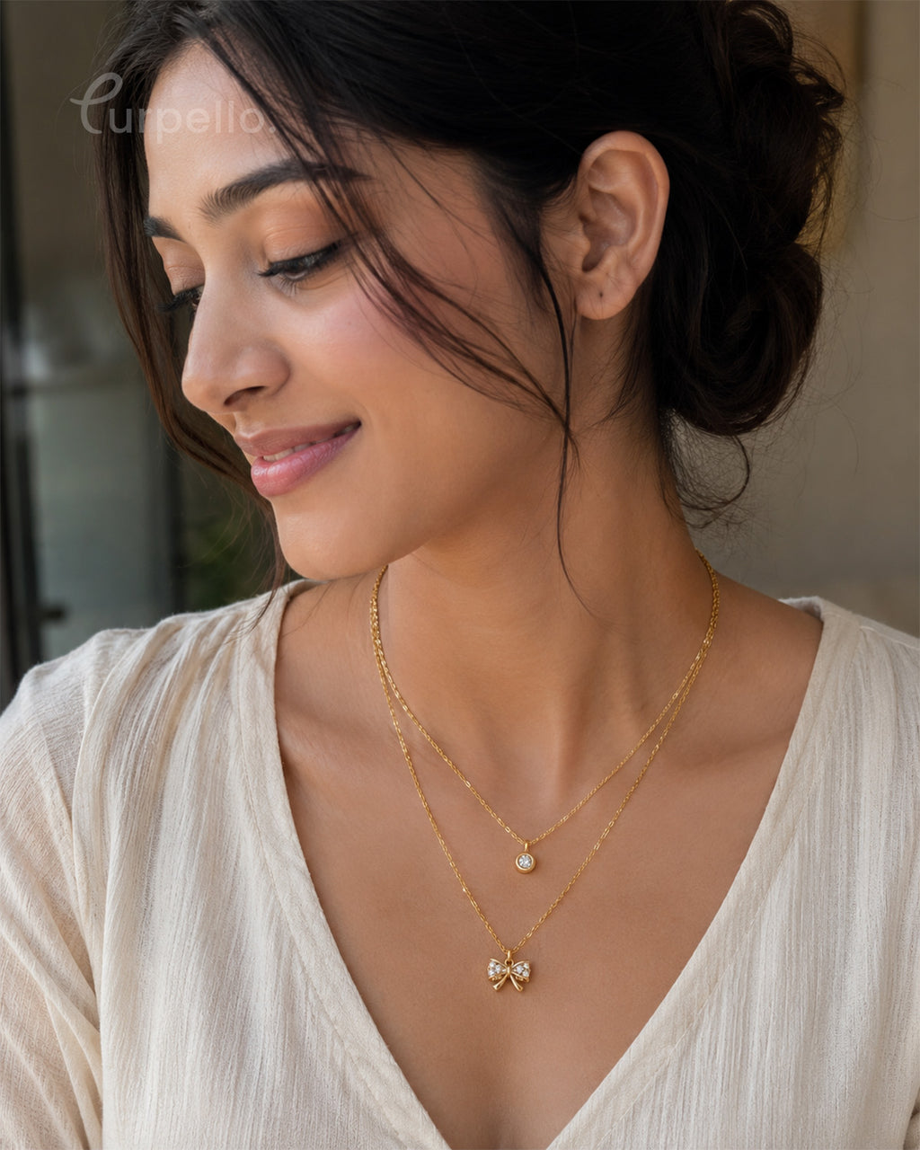 Purpello Double Layer Gold Bow Pendant Necklace