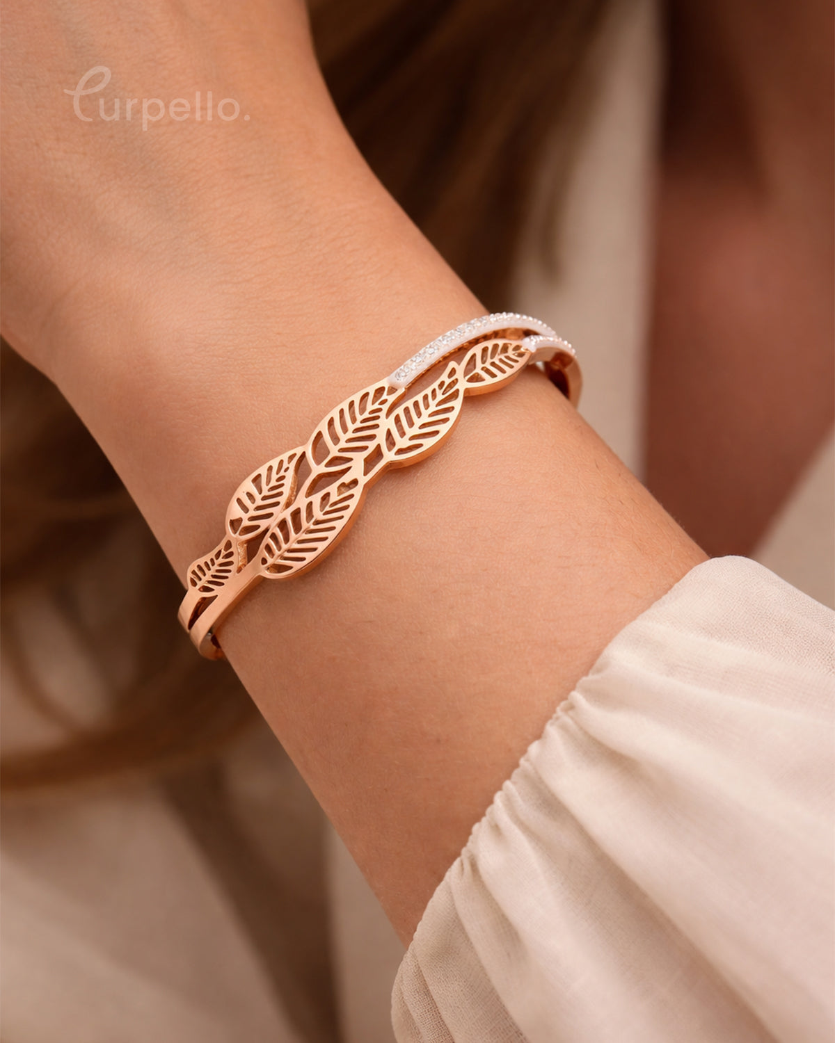 Purpello Rose Gold Leaf Design Open Bangle