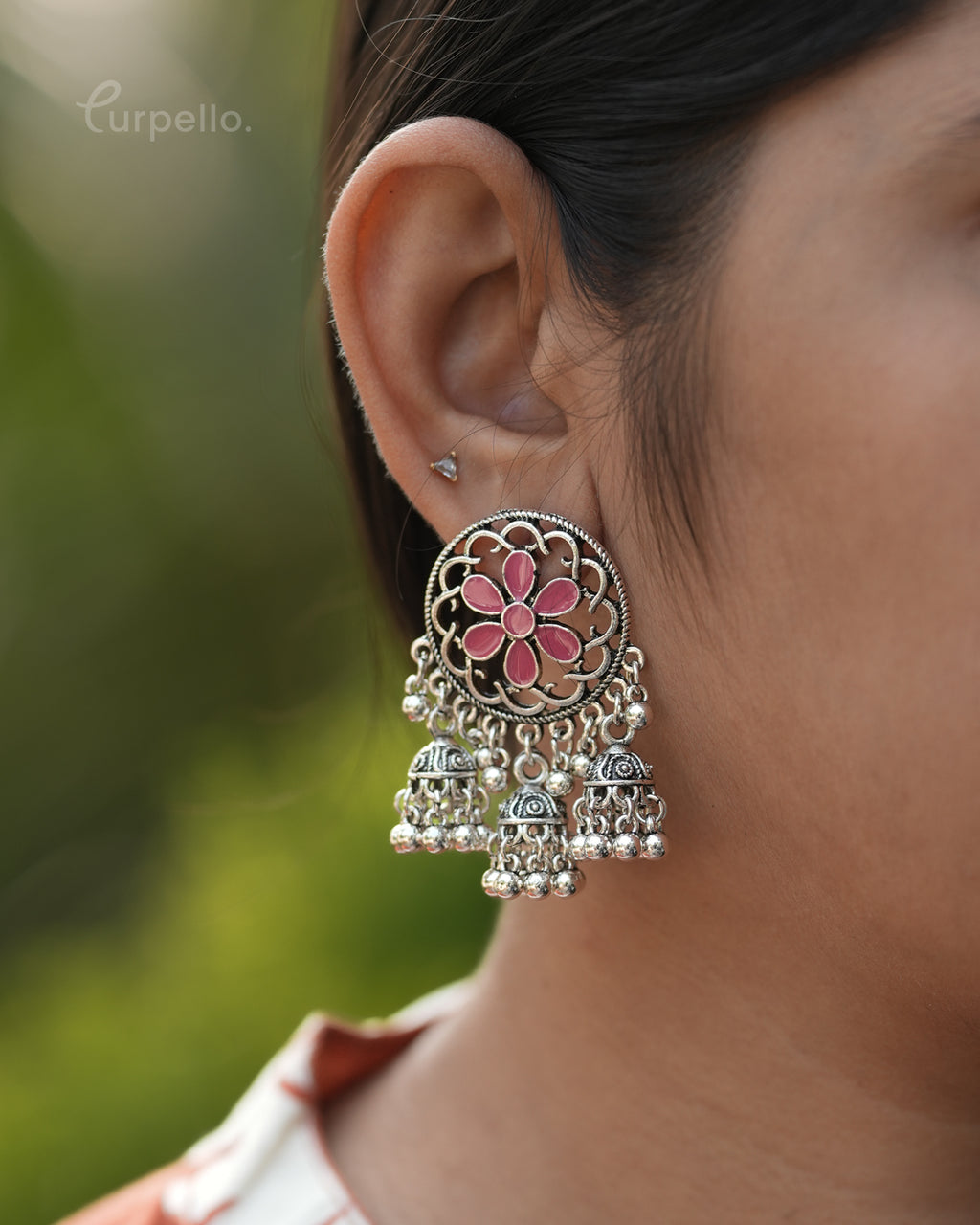 Purpello Floral Silver Jhumka Earrings