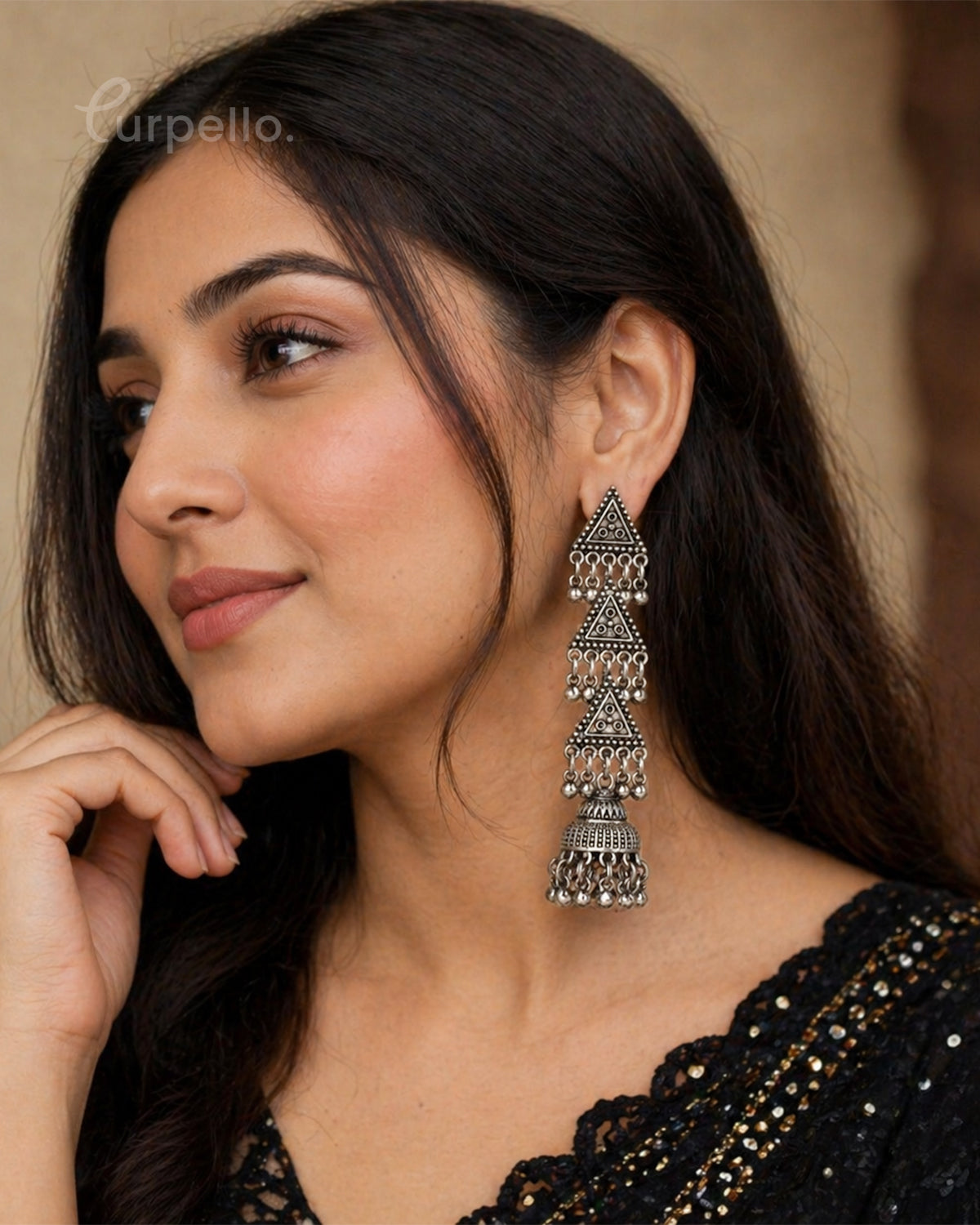 Purpello Tribal Cascade Oxidised Jhumka Earrings