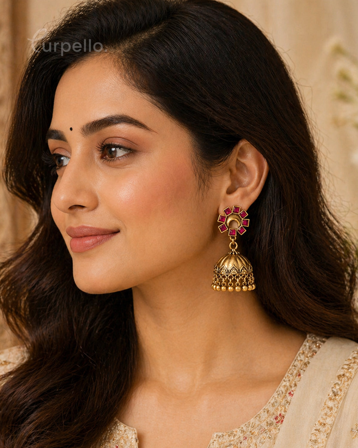 Purpello Antique Gold Jhumka Earrings with Ruby Pink Stud Design