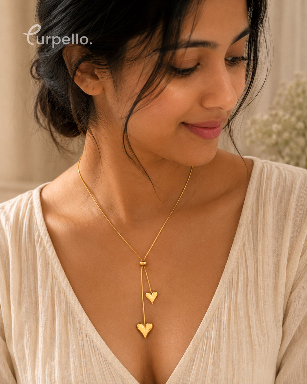 Purpello Adjustable Double Heart Gold Pendant Necklace