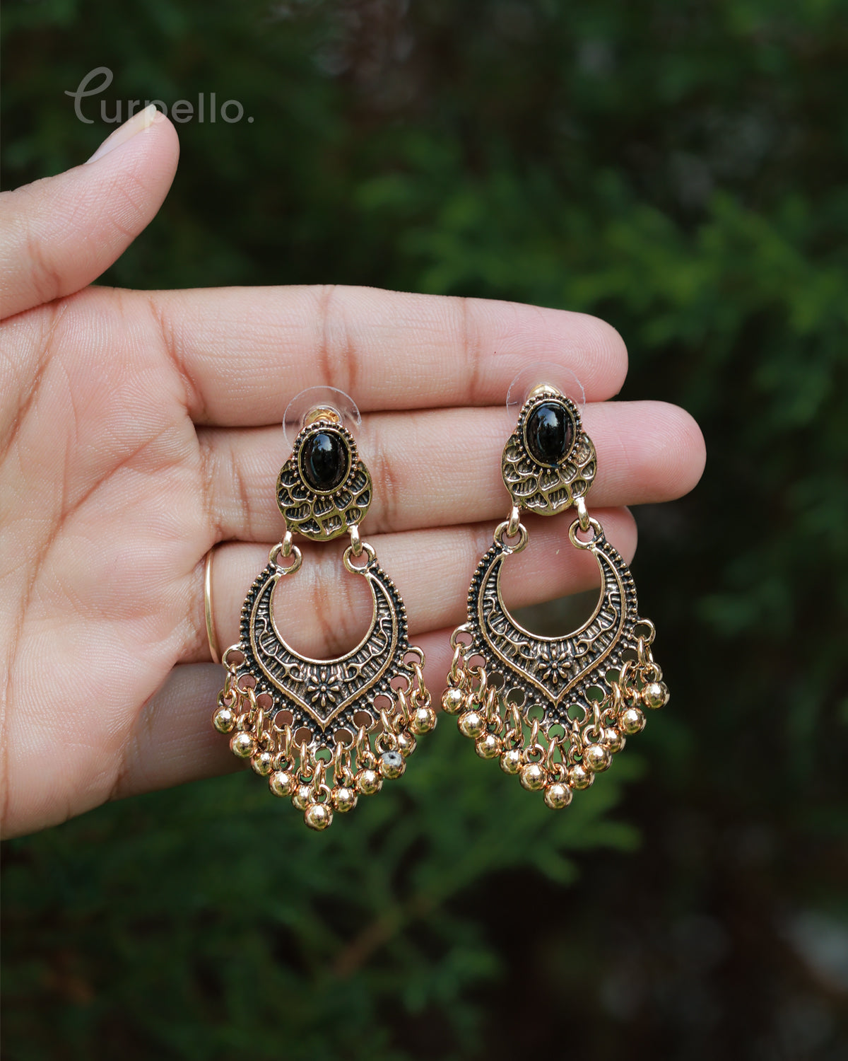 Purpello Antique Black Stone Chandbali Earrings