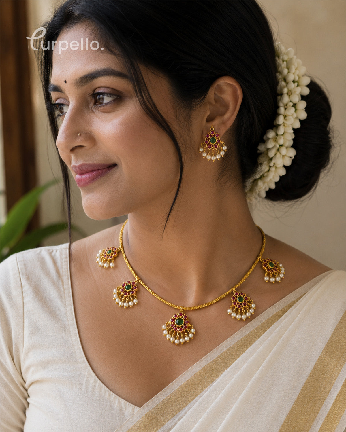 Antique Navaratna-Inspired Pearl Drop Necklace Set