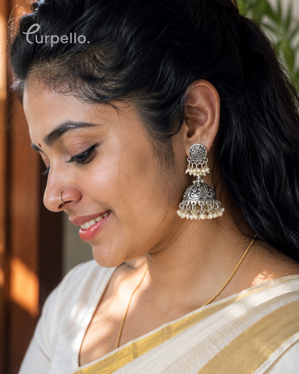 Oxidized Silver Pearl Jhumka Earrings