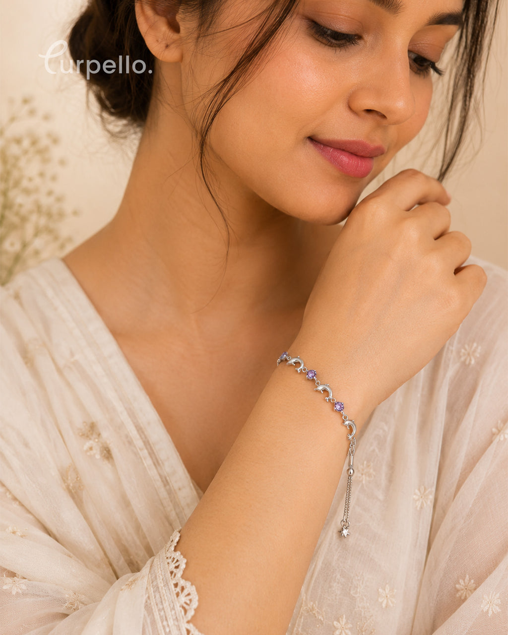 Silver Dolphin Charm Bracelet with Purple Crystal Accents