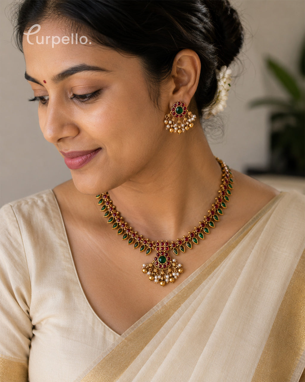 Traditional Kemp Stone Necklace Set with Green & Ruby Stones